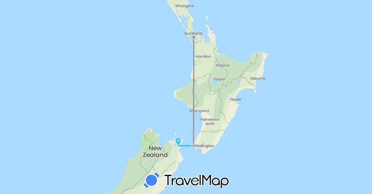 TravelMap itinerary: plane, boat in New Zealand (Oceania)
